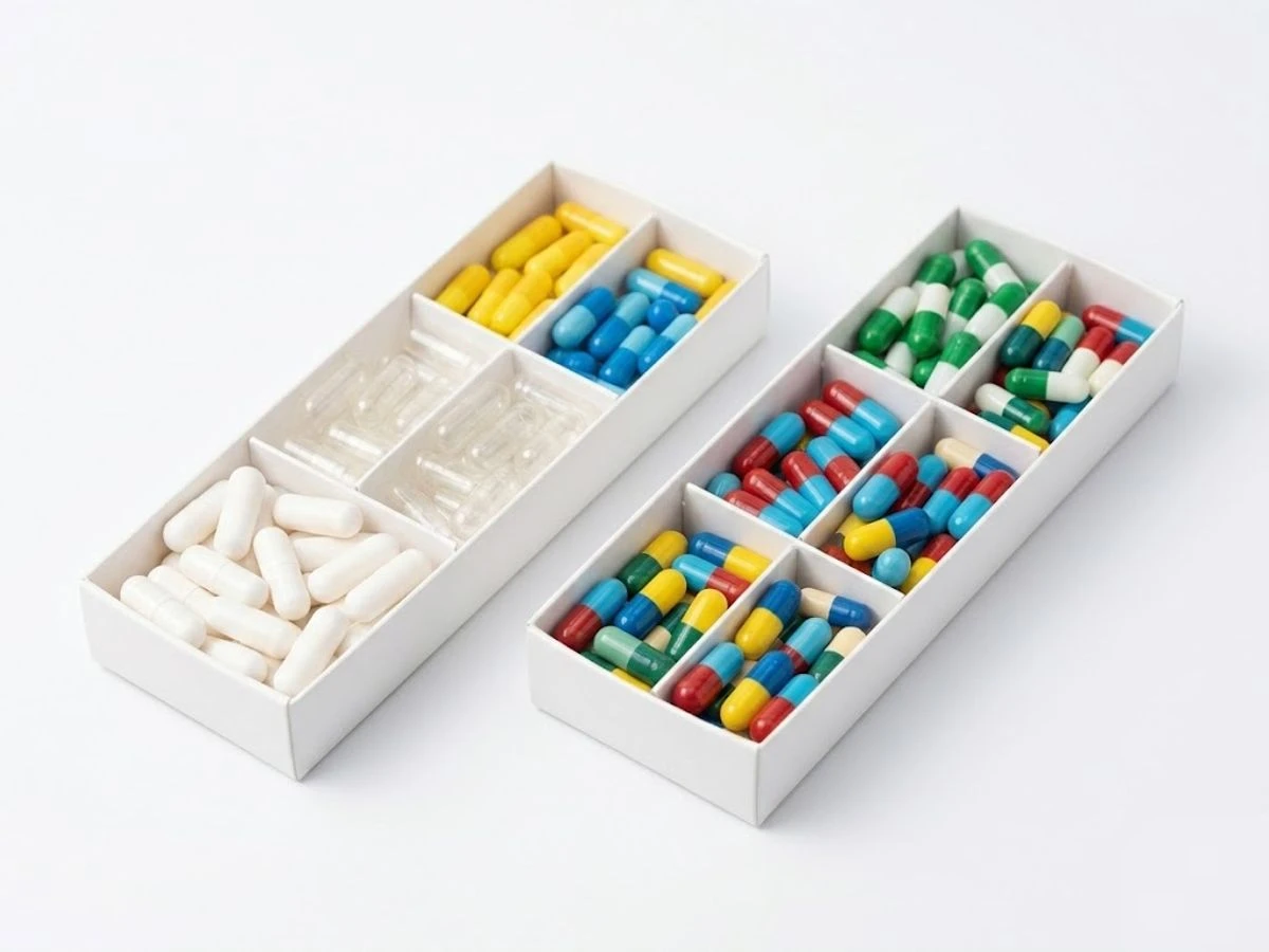 Capsule dosage form samples arranged for pharmaceutical and supplement product development