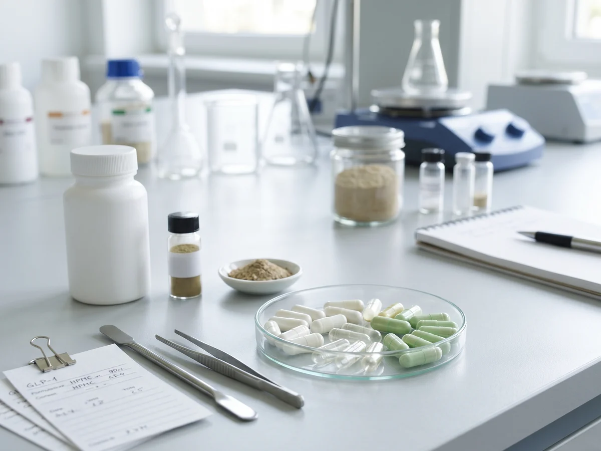 Capsules and formulation materials in a lab setting for weight management supplement development
