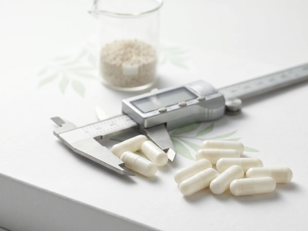 Digital caliper and white empty capsule samples on a lab bench, showing empty capsule quality control, dimensional inspection, COA, batch reports and traceability - StellarCaps