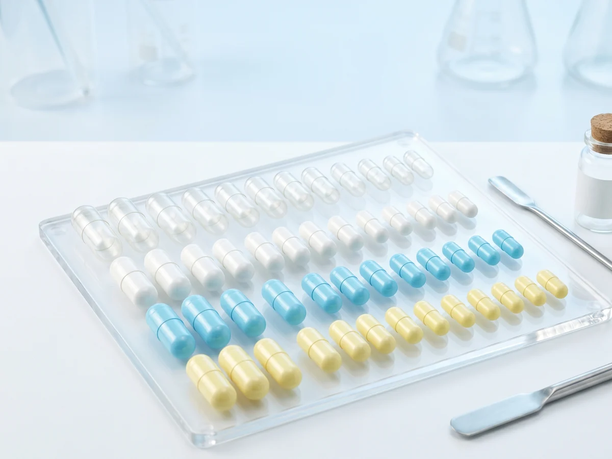 Rows of clear, white, blue and yellow empty capsule samples on a laboratory tray, showing capsule size selection and fill weight estimation - StellarCaps