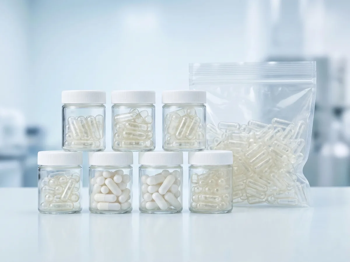 Clear empty capsules in sample jars and a sealed pouch, showing moisture control and packaging stability for brittle capsule shell projects - StellarCaps