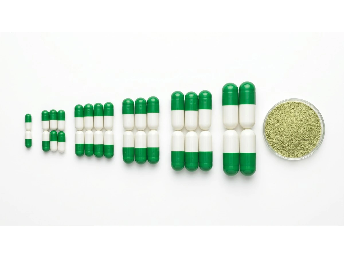 Green and white empty capsules arranged by size beside a green powder sample, illustrating plant-based capsules versus gelatin capsules.