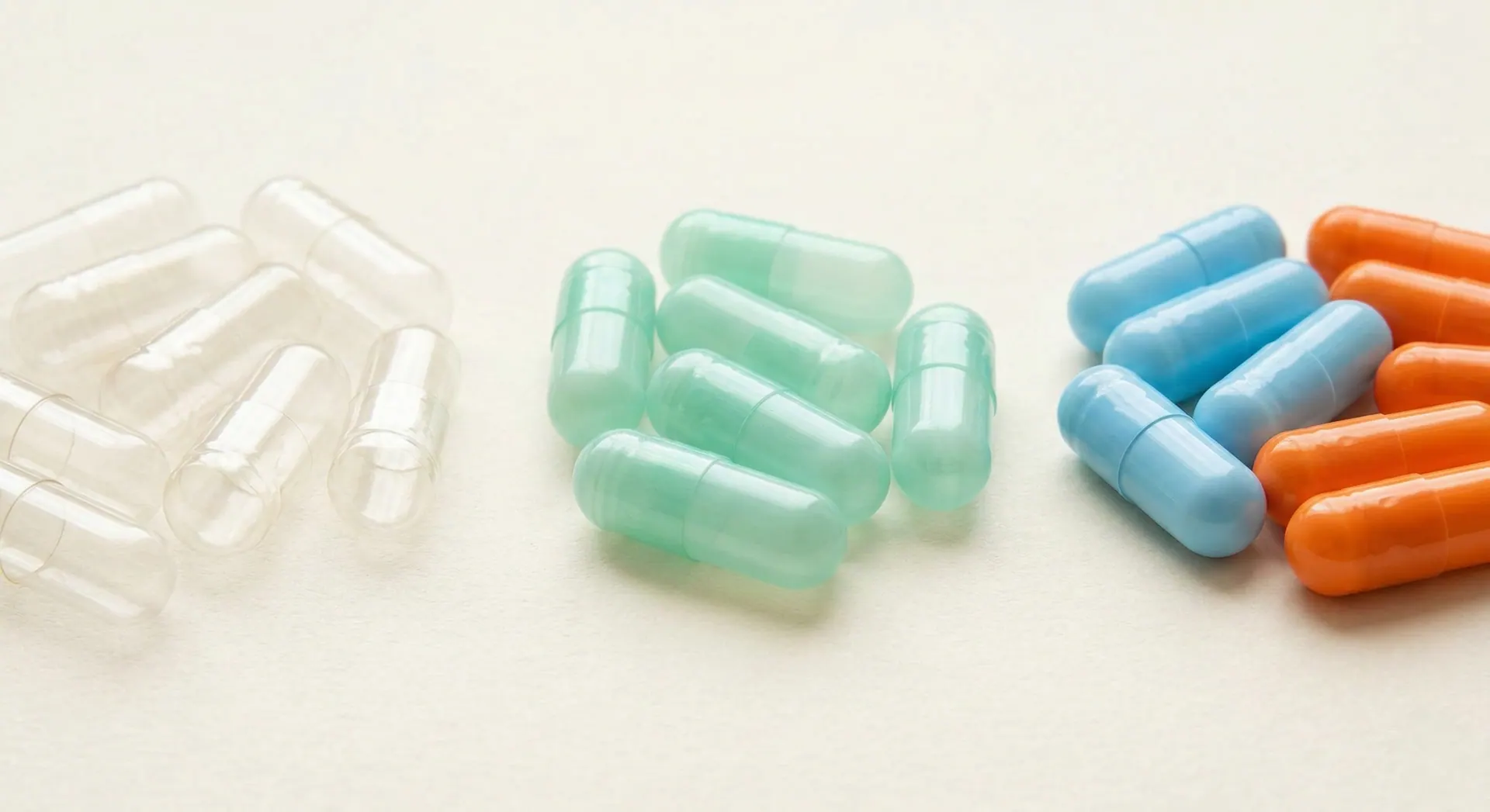 Empty gelatin capsules in multiple sizes and colors